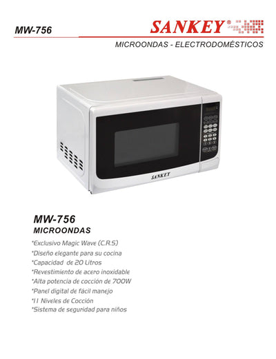 Microondas Sankey MW-756 Blanco con 20L, 700W  y 11 Niveles de Cocción
